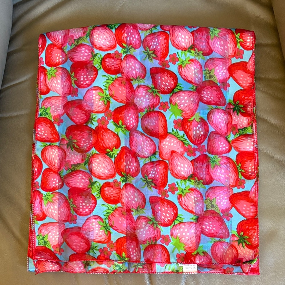 NWT Beautiful silky Strawberry Print Scarf w/ light blue background 13.5” x 45”